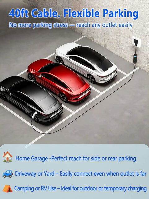 40 Ft Cord EV Charger For Home Or On The Go used to charge electric cars in a parking lot with flexible cable