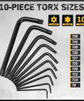10-piece Torx wrench set from the 41 Piece Hex Key And Torx Wrench Set With Torque Handle In Storage Case Includes SAE And Metric Sizes 0.028 To 0.375 Inches And 0.7mm To 10mm Plus Torx T9 To T50 Heat Treated Chrome Vanadium Steel.