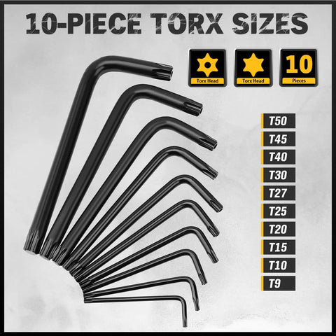 10-piece Torx wrench set from the 41 Piece Hex Key And Torx Wrench Set With Torque Handle In Storage Case Includes SAE And Metric Sizes 0.028 To 0.375 Inches And 0.7mm To 10mm Plus Torx T9 To T50 Heat Treated Chrome Vanadium Steel.