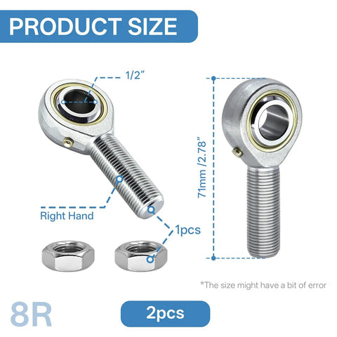 Heavy Duty Male Rod End Bearing With 1/2 Inch Bore And 1/2-20 Left Hand Thread Forged Steel Self Lubricating Pro Grade Automotive Linkage Two Pack showing size.