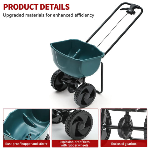60 Lb Walk Behind Lawn And Garden Spreader with easy flow control, rust-proof hopper, and adjustable side spread for precise coverage.