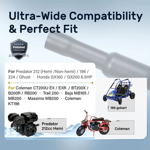 Heavy Duty Road Ready 212CC Mini Bike Exhaust Pipe With Female Thread For Predator Hemi Non Hemi GX160 GX200 Coleman CT200U Baja MB200.