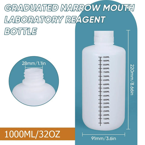 Two 32 Ounce Narrow Mouth HDPE Plastic Bottles With Caps Lab Grade Graduated Reagent And Sample Storage Containers For Medicine Water Storage Built Tough For DIY Chem Projects Translucent, 1000ml bottle with graduations