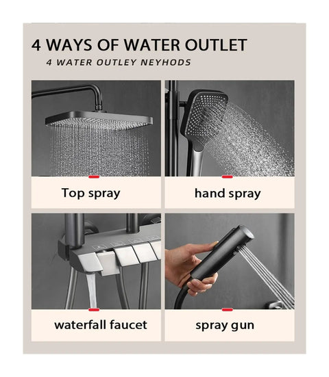 RIBEUJIZS Digital Display Bathroom Shower Faucet Sets showing 4 water outlet methods: top spray, hand spray, waterfall, spray gun.