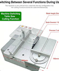 Portable Mini Belt Polisher And 4 In 1 Bench Grinder For Cutting Grinding Polishing And Drilling With Adjustable Angle Ruler 51 Premium Grinding Heads Speed 5000 To 10000 RPM Badass Workshop Essential showing blade height and diameter specs.