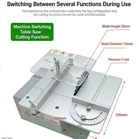 Portable Mini Belt Polisher And 4 In 1 Bench Grinder For Cutting Grinding Polishing And Drilling With Adjustable Angle Ruler 51 Premium Grinding Heads Speed 5000 To 10000 RPM Badass Workshop Essential showing blade height and diameter specs.