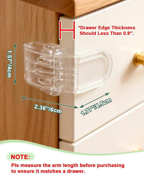 Six Pack Clear Baby Drawer Locks Zero Sweat Install Keep Little Rascals And Fur Babies Locked Out Smooth Push Button Design close-up on drawer edge