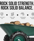 Heavy Duty Dual Wheel Wheelbarrow Garden Cart With 500 Pound Capacity in green, loaded with firewood, features all-terrain wheels.