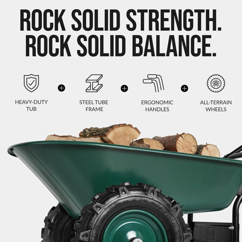 Heavy Duty Dual Wheel Wheelbarrow Garden Cart With 500 Pound Capacity in green, loaded with firewood, features all-terrain wheels.