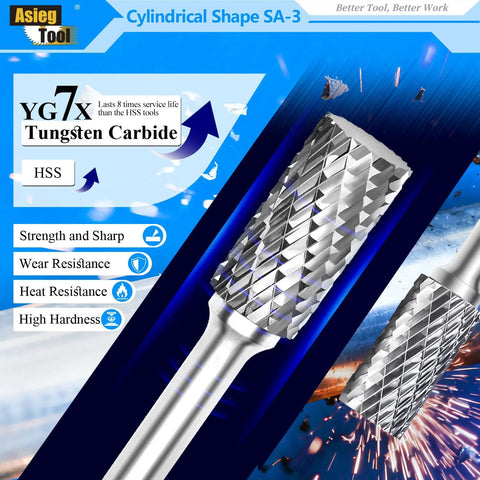 Front view: SA-3 tungsten carbide cylindrical burr with double-cut, 1/4-inch shank and 3/8-inch cutter, 3/4-inch cutter length