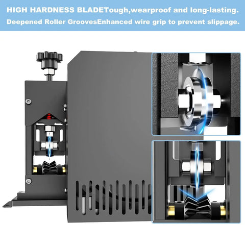 Automatic Electric Wire Stripper Machine For 0.06 To 1.18 Inch Wires, 1.5-25 Mm Scrap Wire Copper Cable Stripping Tool, showing blades and rollers.
