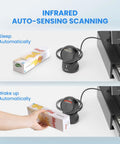 Hands Free 2D Barcode Scanner With USB Desktop Connection Omnidirectional QR Code Reader scanning cereal box on counter