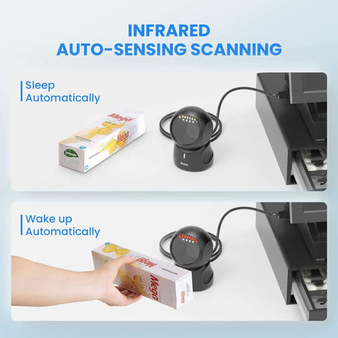 Hands Free 2D Barcode Scanner With USB Desktop Connection Omnidirectional QR Code Reader scanning cereal box on counter