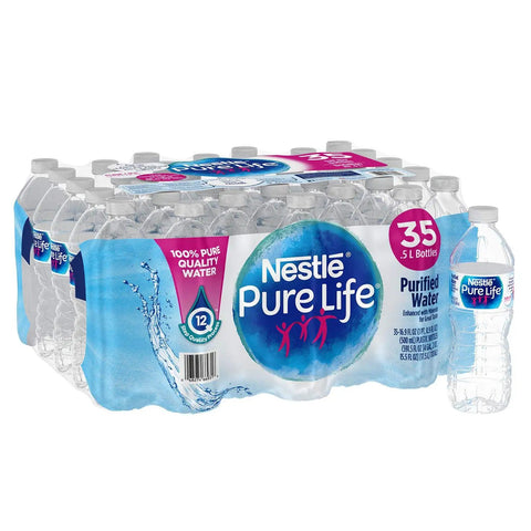 Purified Water Bottles 16.9 Oz Bulk Case Pack With 35 Bottles Per Carton, Nestle Pure Life packaging visible.