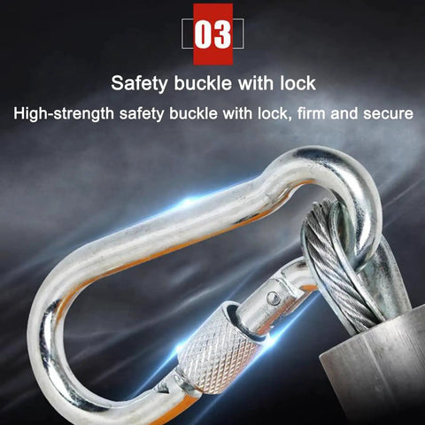 Safety buckle with lock for heavy duty retractable tool balancer, durable alloy steel connection, secure training gear.