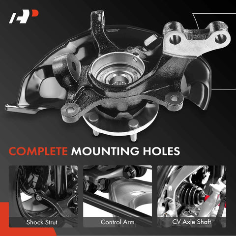 Front Left Steering Knuckle And Wheel Bearing Hub Assembly Fits Toyota Camry XLE SE And Lexus ES330 2004 Through 2006 Driver Side Drop In Replacement Direct Fit shown with complete mounting holes, control arm, and CV axle shaft connections.