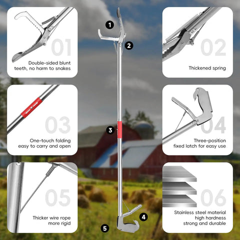 78 Inch Folding Snake Grabber Tool For Extra Long, Safe Handling, Stainless Steel Tongs With High Load Capacity, Corrosion Resistant, Easy To Clean And Maintain, Ideal For Reptile Control And Outdoor Wildlife Work