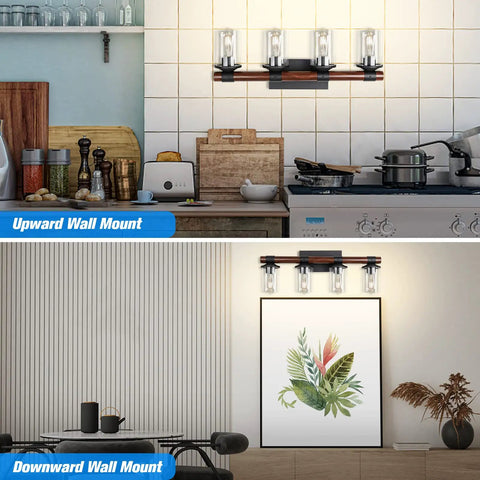 4 Light Farmhouse Vanity Light Fixture With Antique Wood Style Pole And Clear Glass Shades for walls, upward and downward mount