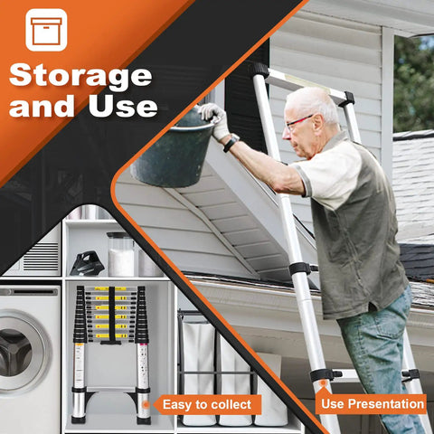 10.5 Ft Telescoping Aluminum Ladder With Dual Triangle Stabilizers in use for roof maintenance and folded for storage
