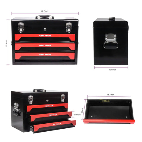 Heavy Duty Steel Tool Box With Three Drawers And Ball Bearing Slides Portable Tool Chest Organizer Lockable Powder Coated Garage Workshop Storage Cabinet For All Your Repair Tools
