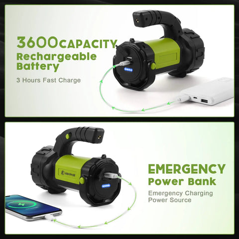 Rechargeable Camping Lantern With 800LM LED Spotlight And Flashlight, 3600mAh Battery, used as power bank charging device
