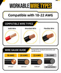 Infographic showing workable wire types compatible with 200 Pieces Quick Connect Wire Terminals for Wiring Job Double Push in Plugs.