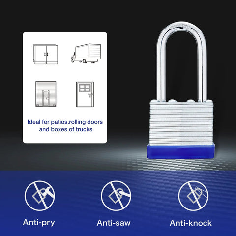 Heavy Duty Outdoor Padlock Set With Keys For Gates And Fences, Laminated Body 1-9/16 Inch Wide Long Shackle, anti-pry features