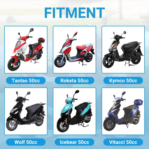 Fitment guide for GY6 50cc CDI Kit With Carburetor, Ignition Coil, Rectifier Regulator And Solenoid Relay, shows compatible scooters