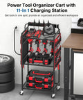 Power Tool Organizer Cart for Garage With 8 Outlet 3 USB Charging Station, shown with tools and fan, against garage wall.