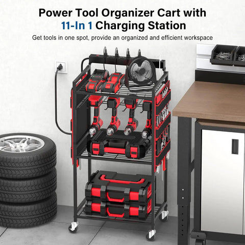 Power Tool Organizer Cart for Garage With 8 Outlet 3 USB Charging Station, shown with tools and fan, against garage wall.