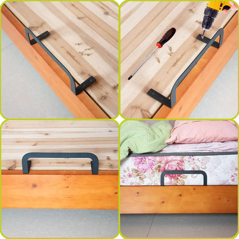 2 Pcs Universal Mattress Slide Stopper And Bed Frame Retainer Bracket Keeps Your Bed Lockdown Tight On Any Frame Stops Nightly Shifting Dead In Its Tracks For Snug Sleep installed on a wooden bed frame with tools.