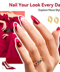 Hand showing Six Vibrant Red Nail Polish Set With Wine Red Cherry Dark Red And Glitter Sparkle Finishes For Glam Vibes Quick Dry Hema Free