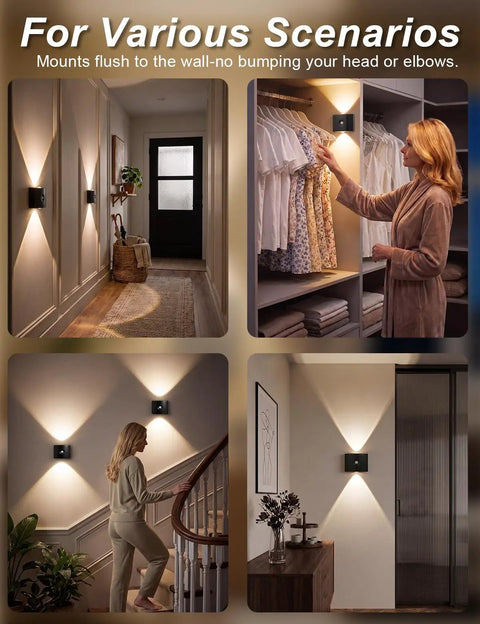 DEXULESA 2 Pack Motion Sensor Wall Light Magnetic Rechargeable Wall Sconce mounted in hallway and closet for hands-free illumination.