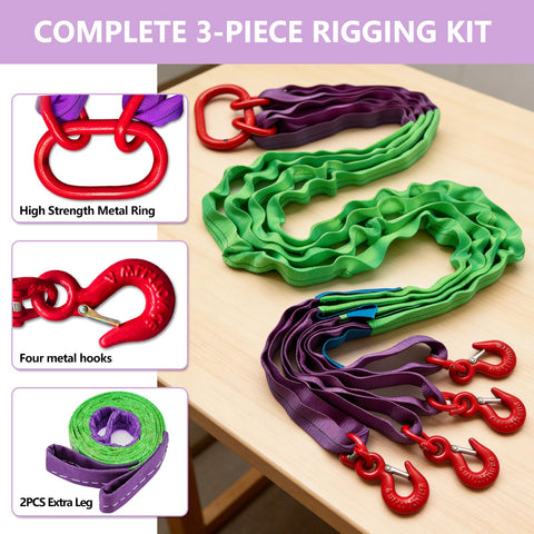 6.6 Ft Four Leg Bridle Web Sling Kit 6600 Lb Polyester Lifting Sling with four hooks and extra straps on table