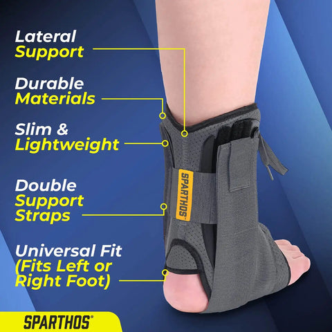 Lace Up Ankle Brace With Adjustable Support For Running And Court Sports Like Basketball And Volleyball Go-To Injury Recovery Gear For Sprains And Stability, Compression Stabilizer Ankle Brace For Men And Women Gray Large, showing lateral support and double straps.