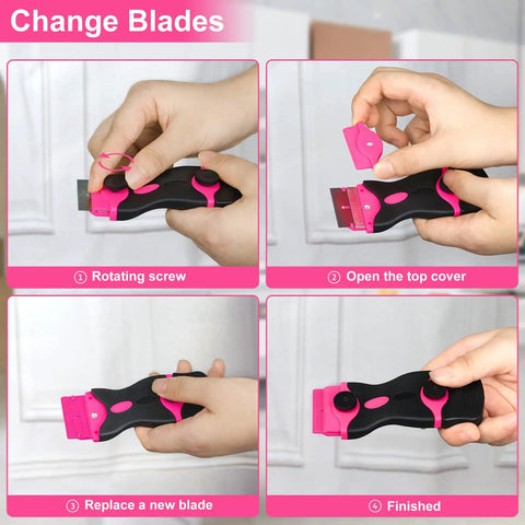 Steps for changing blades on Pink Razor Scraper 2 In 1 Tool Set With 20 Razor Blades For Removing Window Labels Decals Stickers Glass Stove Tops And More Ideal Gift For Women 2 Pack