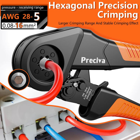 Close-up of Ferrule Crimping Tool Kit With 1500 Wire Connectors, Adjustable Ratcheting Hex Crimpers For AWG 28 To 5 in use