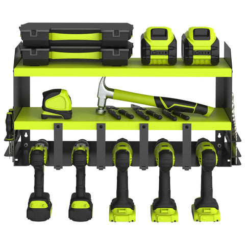 Power Tool Organizer With Five Drill Holders And Wall Mount Shelf Keep Your Garage Fresh With Cordless Drill Charging Station Premium Storage And Organization 5 Drill Shelf For Home Workshop Heavy Duty Green featuring drills and tools