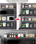 4 Tier Stainless Steel Storage Rack Heavy Duty Utility Shelf With Sweet Rolling Casters And No Hassle Adjustable Height For Kitchen Garage Office Space Saving Wire Shelving Rack showcasing assembled and disassembled views with kitchen appliances.