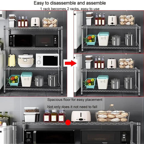 4 Tier Stainless Steel Storage Rack Heavy Duty Utility Shelf With Sweet Rolling Casters And No Hassle Adjustable Height For Kitchen Garage Office Space Saving Wire Shelving Rack showcasing assembled and disassembled views with kitchen appliances.