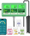 No-Fuss All-In-One 6-In-1 WiFi Hydroponics Monitor with pH EC TDS CF Temp Humidity Digital Meter for DWC shown with app and solutions