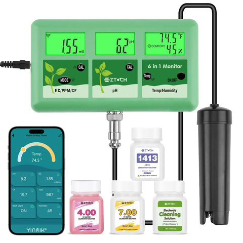 No-Fuss All-In-One 6-In-1 WiFi Hydroponics Monitor with pH EC TDS CF Temp Humidity Digital Meter for DWC shown with app and solutions