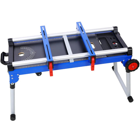Built Tough Miter Saw Stand And Five In One Folding Portable Workbench With Telescoping Height Legs And Smooth Roll Caster Wheels For Woodworking And Masonry In Blue, featuring adjustable clamps and durable steel frame.