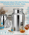 Image of stainless steel milk can with airtight lid, dispensing spigot, heavy-duty handles; ideal for liquids and solids storage.