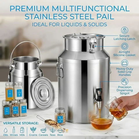 Image of stainless steel milk can with airtight lid, dispensing spigot, heavy-duty handles; ideal for liquids and solids storage.