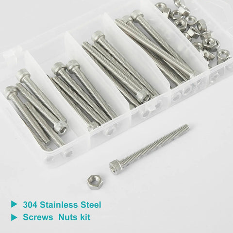 Built Tough 50 Piece M5 Screw Kit Featuring Drop Dead Rugged 304 Stainless Steel Fully Threaded Hex Socket Head Cap Screws With Snug Metric Allen Nuts For Hard Day Grind in organized case.
