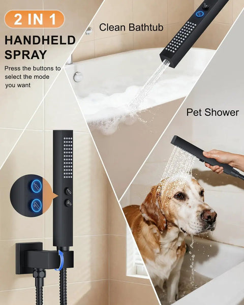 Wall Mounted Bathtub Shower System With A Clean Matte Black Look And Legit Heavy Duty Brass Rough In Valve, Includes A Massive 12 Inch Rainhead And Handheld Spray Combo For Stress Free Reno Jobs