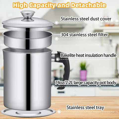 A Total Game Changer, This Heavy Duty Bacon Grease Keeper Boasts A Fine Mesh Strainer, 74 Oz Stainless Oil Jug For Kitchen Frying And Roasting, No Fuss Spill Proof Lid, Solid Grip Handle Included