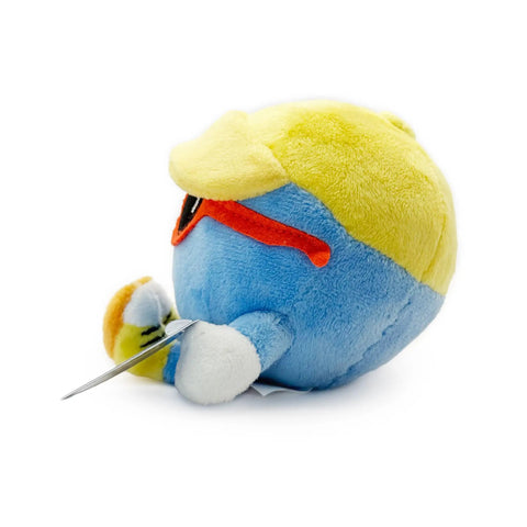 Ultra Soft 4 Inch Plush Golf Ball Toy With Gimme Character For Fans, Collectors, And Golfers, side view with blue and yellow colors