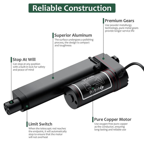 JiGiU 12V heavy-duty black linear actuator with mounting brackets